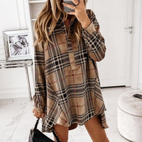 Plaid Check Tunic Elegant Dress Casual Irregular Mini Long-sleeve Loose Straight Short Dresses