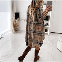 Plaid Check Tunic Elegant Dress Casual Irregular Mini Long-sleeve Loose Straight Short Dresses