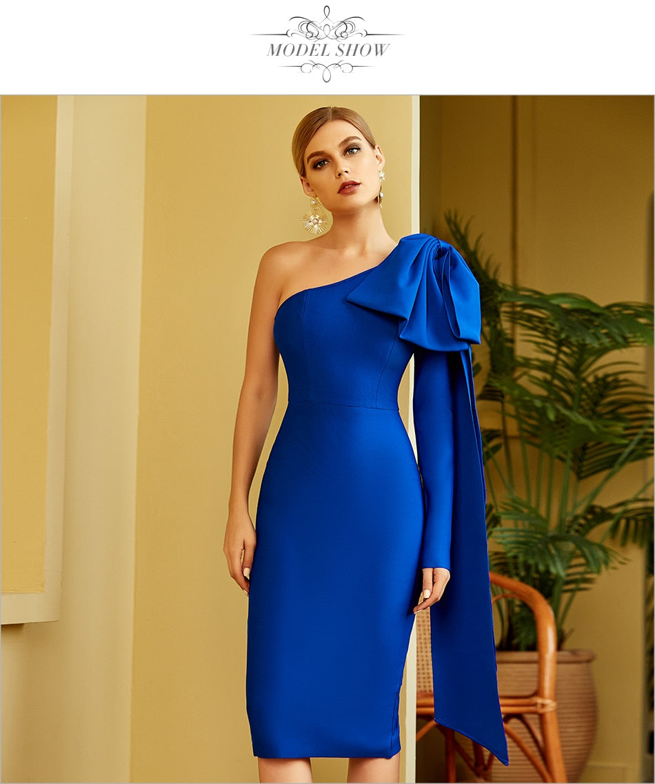 Adyce 2021 New Autumn Women One Shoulder Bandage Dress Sexy Long Sleeve Bow Blue Celebrity Evening Runway Party Bodycon Dresses