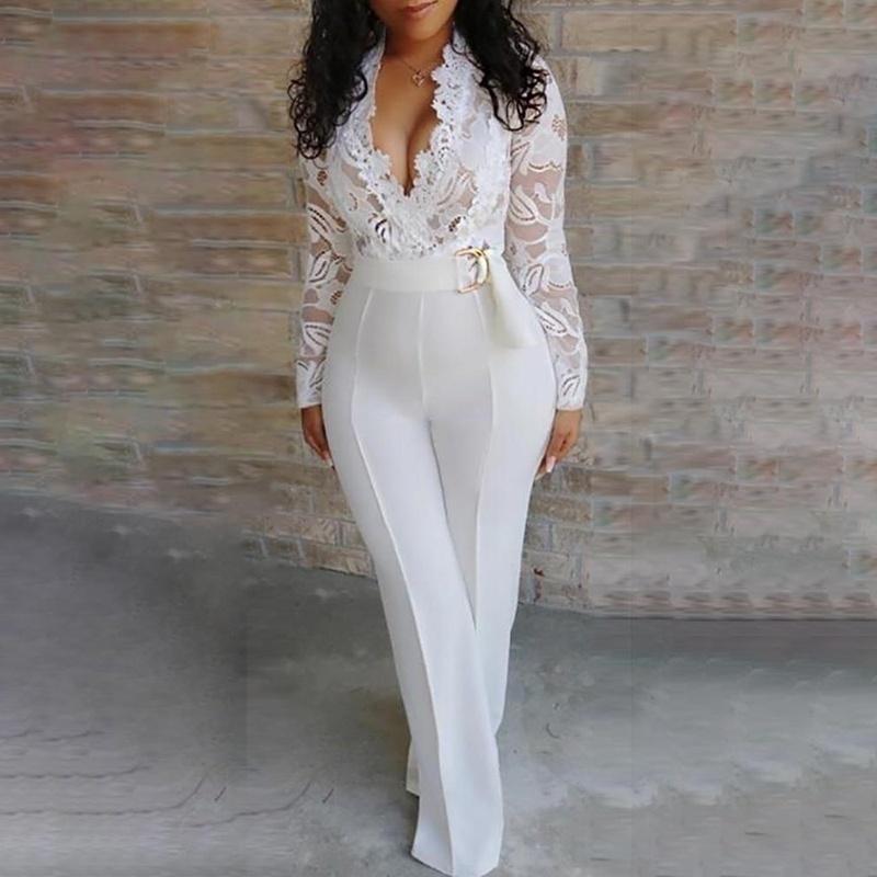 White Jumpsuit Women Lace Stitching Long Sleeve V-neck Plus Size Wide Leg Long Pants Office Lady  Jumpsuits for Women Lugentolo