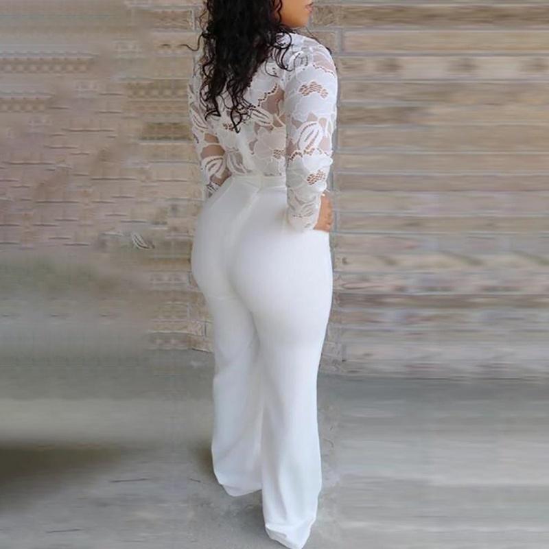 White Jumpsuit Women Lace Stitching Long Sleeve V-neck Plus Size Wide Leg Long Pants Office Lady  Jumpsuits for Women Lugentolo