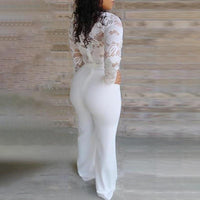 White Jumpsuit Women Lace Stitching Long Sleeve V-neck Plus Size Wide Leg Long Pants Office Lady  Jumpsuits for Women Lugentolo