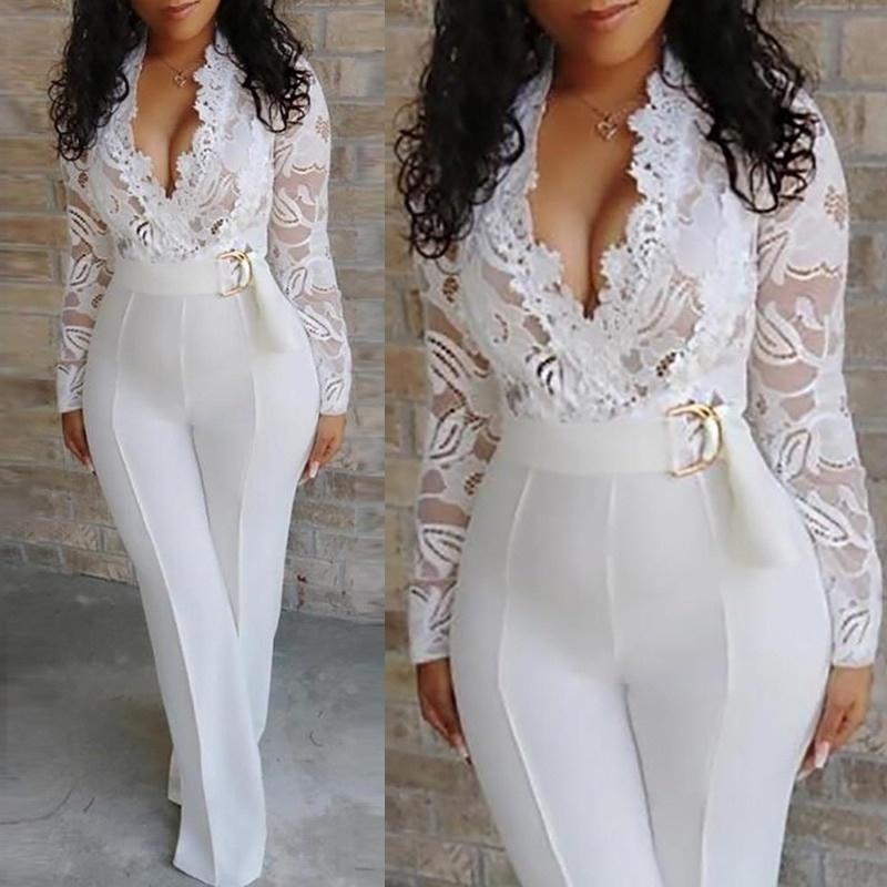 White Jumpsuit Women Lace Stitching Long Sleeve V-neck Plus Size Wide Leg Long Pants Office Lady  Jumpsuits for Women Lugentolo