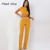 2 Two Piece Set Women Ribbed O Neck Crop Top and Long Pants Set Sexy Autumn Short Sleeve Tracksuit