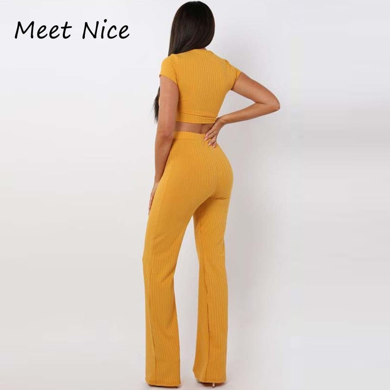 2 Two Piece Set Women Ribbed O Neck Crop Top and Long Pants Set Sexy Autumn Short Sleeve Tracksuit