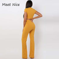 2 Two Piece Set Women Ribbed O Neck Crop Top and Long Pants Set Sexy Autumn Short Sleeve Tracksuit