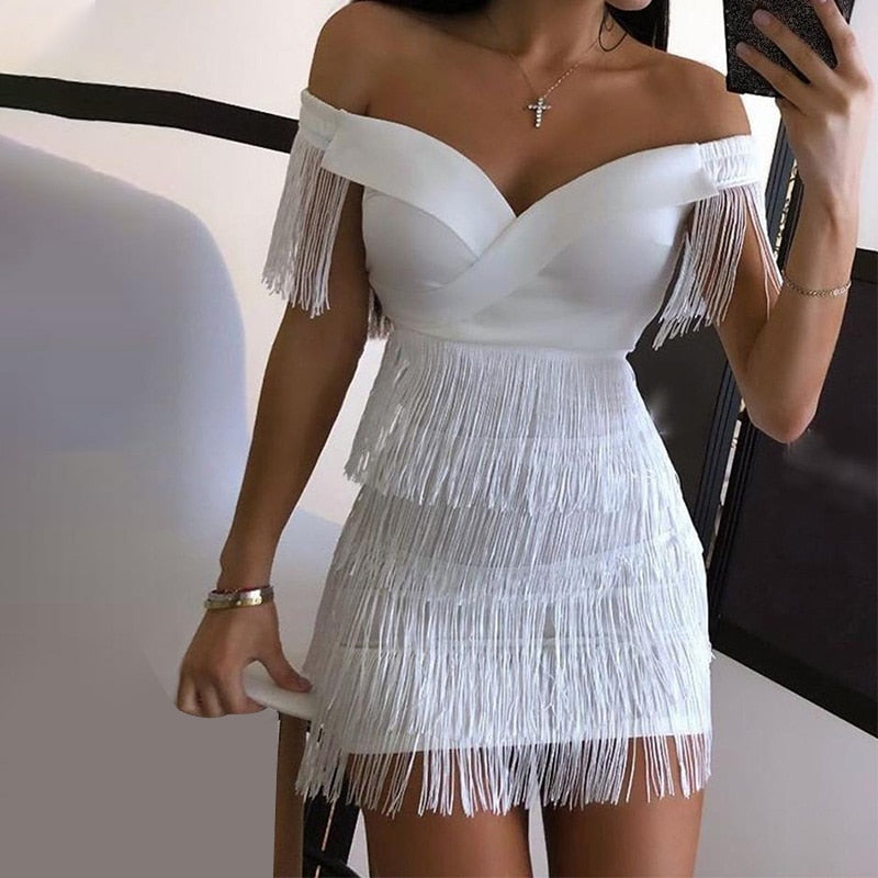 Sexy Sleeveless Bodycon White Off Shoulder Tassel Female Short Dresses