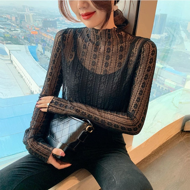 2020 New Transparent Loose Women Lace Blouse