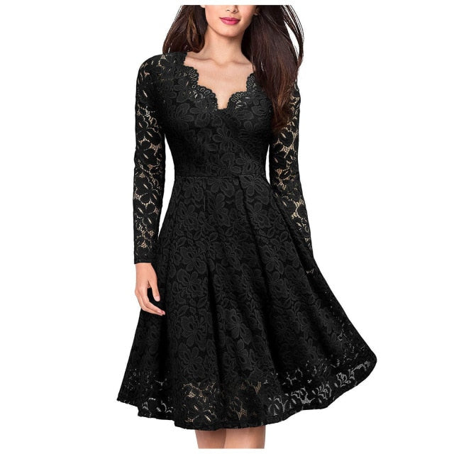 2020 Spring Evenning Party Dress Sexy V Neck Long Sleeve Elegant Dresses Women Formal Lace Long Party Dress Vestidos Red Black