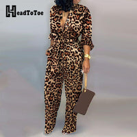 Leopard Tied Waist Long Sleeve Jumpsuit Women Rompers Fashion One Piece Overalls Casual Jumpsuits Streetwear Dropshipping