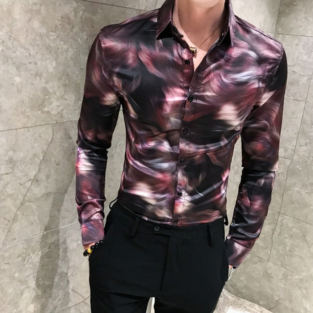 Long Sleeve Beautiful Print Men British Style Shirt Men New Fashion