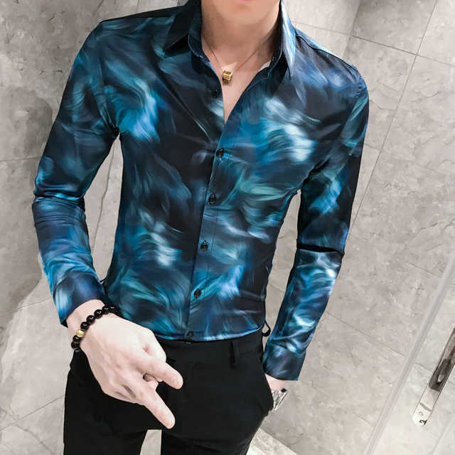 Long Sleeve Beautiful Print Men British Style Shirt Men New Fashion