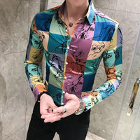 Men Shirt Long Sleeve Patchwork