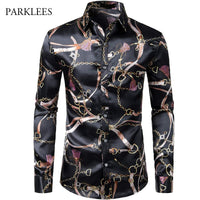 New Satin Silk Mens Shirt Chain Print Men