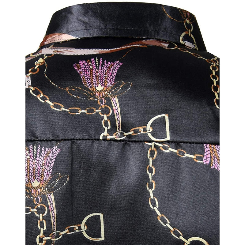 New Satin Silk Mens Shirt Chain Print Men