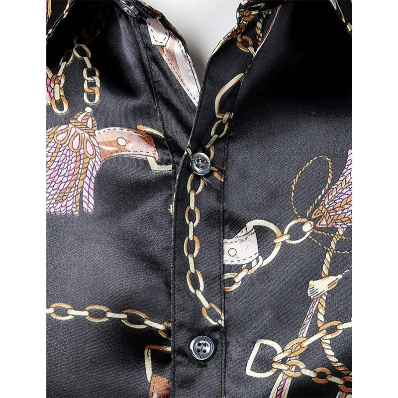 New Satin Silk Mens Shirt Chain Print Men