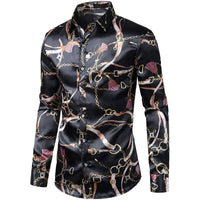 New Satin Silk Mens Shirt Chain Print Men