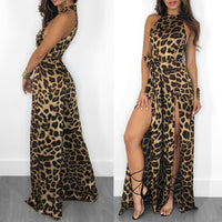 2019 OMSJ Leopard Jumpsuit for Women Sexy Halter Skinny Body Suit Sleeveless Split Playsuit Female Spring Loose Wide Leg Rompers