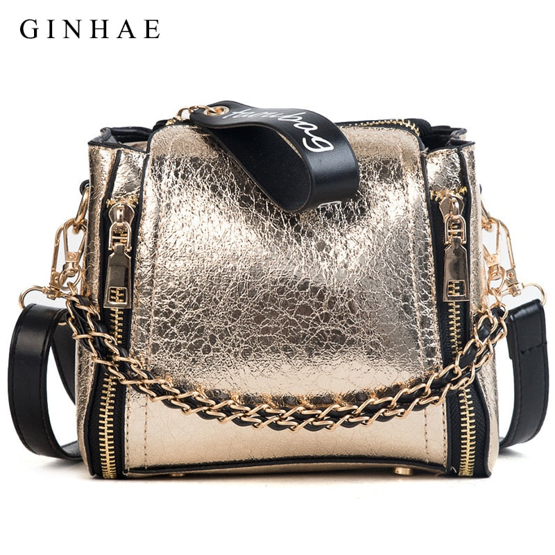 Bright Women Bags Small Chain Shoulder Bag Ladies Luxury Pu Leather Handbags Casual Zipper Crossbody Bags Wide Strap Sac 2021